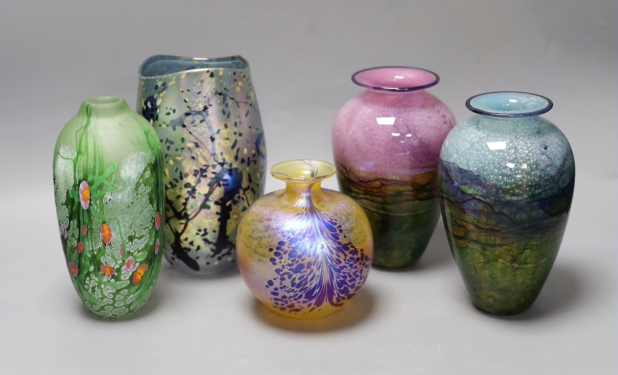 A group of five Studio glass vases - Norman Stuart Clarke, Siddy Langley, two Jonathan Harris and another signed NSC 03 (5)